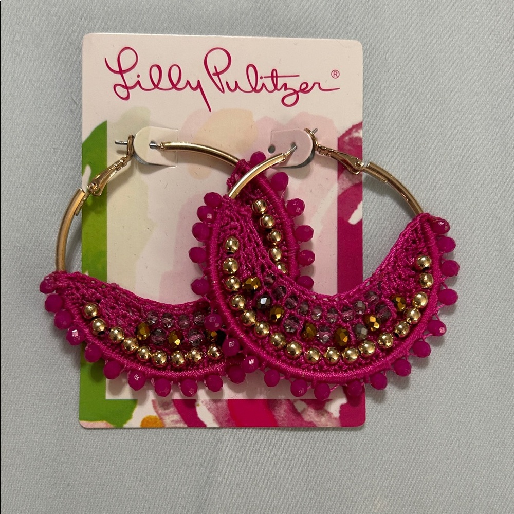 Lilly Pulitzer Fuchsia and Gold Crochet Hoop Earrings